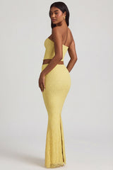 Draped Low-Rise Lace Maxi Skirt in Pastel Yellow