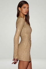 Embellished Asymmetric Bodycon Mini Dress in Gold