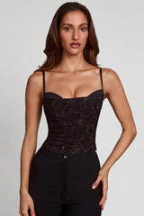 Embellished Peekaboo Cowl-Neck Top in Black