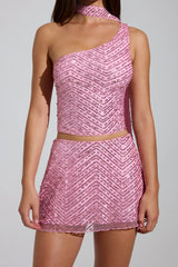 Embellished Asymmetric Scarf-Detail Top in Pink