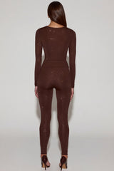 Embellished Jersey High-Waisted Leggings in Chocolate Brown