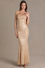 Embellished Open-Back Maxi Dress in Gold