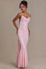 Embellished Open-Back Maxi Dress in Baby Pink