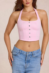 Denim Halterneck Corset Style Top in Blossom Pink