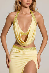 Embellished Deep Plunge Halterneck Top in Lemon Yellow