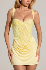 Embellished Corset Mini Dress in Lemon Yellow