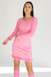 Feather Trim Long Sleeve Mini Dress