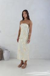 Golden Voyage Strapless Midi Dress Yellow