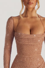 Embellished Cowl Neck Maxi Dress in Latte