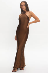 High Roller Flower Decoration Halter Dress Chocolate