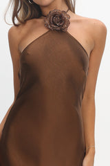 High Roller Flower Decoration Halter Dress Chocolate