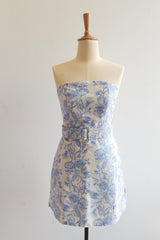 Strapless Blue Floral Tight Mini Dress with Belt