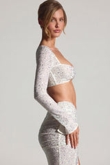 Embellished Long-Sleeve Crop Top in White