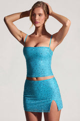 Embellished Mid-Rise Micro Mini Skirt in Aqua Blue