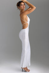 Embellished Cut-Out Backless Maxi Dress in White