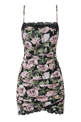 Spaghetti Strap Floral Ruched Short Skirt