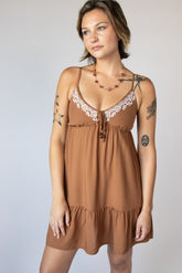 Beaded Tie Embroidered Babydoll Mini Dress