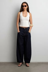 CROPPED HIGH-RISE BARREL LEG DARK BLUE WASH JEAN