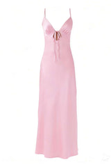 Plunge Neck Pink Back Tie Long Dress