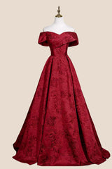 Ruched Off the Shoulder Red Floral Jacquard Gown
