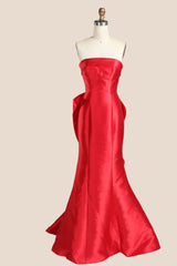 Red Folded Neck Satin Mermaid Dress with Ruffle Train