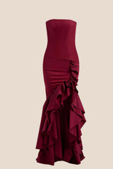 Strapless Burgundy Mermaid Ruffle Long Dress