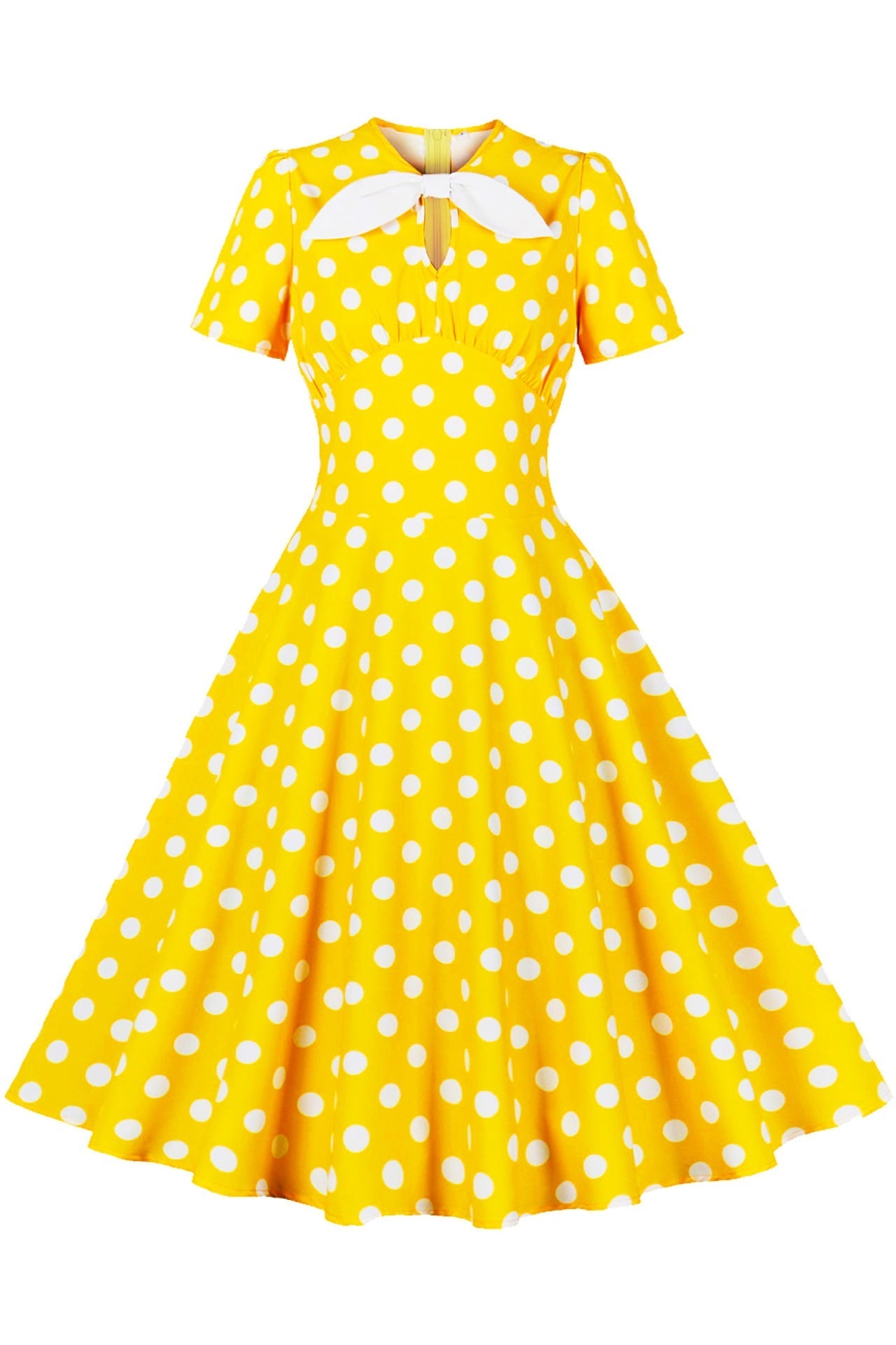 Yellow and White Polk Dots Bow Swing Dress