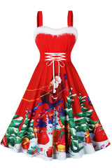 Santa Print Red A-line Christmas Dress