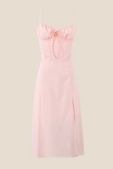 Spaghetti Straps Pink Tie Front Midi Dress