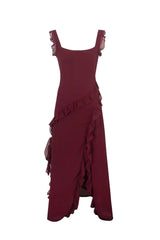Square Collar Wine Red Ruffle Long Dress with Slit