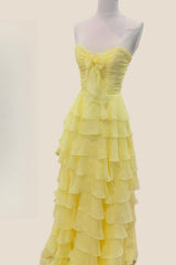 Strapless Yellow Tiered Long Dress with Bow