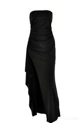 Strapless Black Ruched Long Dress with Slit