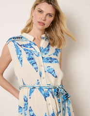 Leaf Print Collarless Shirt Dress With Belted Waist