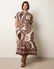 Tropical Leaf Print Belted Shirt Dress