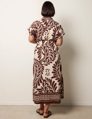 Tropical Leaf Print Belted Shirt Dress