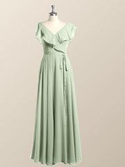 Ruffles V Neck Sage Green Chiffon Long Bridesmaid Dress