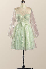 Puffy Long Sleeves Sage Green A-line Homecoming Dress