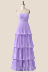 Strapless Lavender Pleated Tiered Long Party Dress