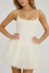 Embellished Corset Tulle Skirt Mini Dress in White