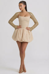 Embellished Bubble Hem Mini Dress in Gold