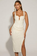 Embellished Draped Midaxi Dress in White
