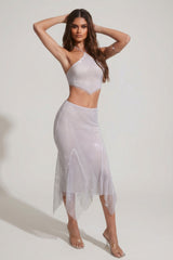 Embellished Handkerchief Hem Midaxi Skirt in Silver