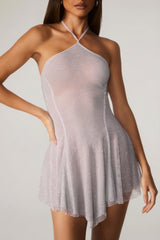 Embellished Lace Up Back Mini Dress in Silver