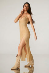 Embellished Low Back Maxi Dress in Gold