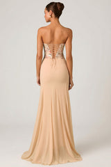Embellished Corset Fishtail Gown in Floral Beige