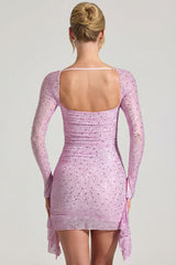 Embellished Draped Cowl-Neck Mini Dress in Peony Pink
