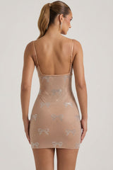 Embellished Bow-Detail Mini Dress in Almond
