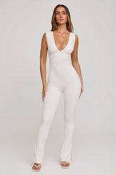 Plunge Neck Ruched Waist Jumpsuit in White