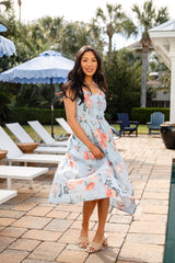 Calm And Composed Blue Floral Smocked Midi Dress