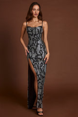 Embellished Peekaboo Cowl-Neck Dress in Silver Snake